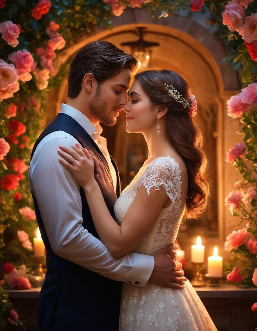 A beautiful couple sharing an intimate moment in a romantic setting, surrounded by soft candlelight and blooming flowers, their expressions radiating love and connection. Include subtle symbols of romance like intertwined hearts and delicate lace in the background. The scene should evoke warmth and emotion, inviting viewers to explore the secrets of lasting love. super-realistic. vibrant colors. soft focus.
