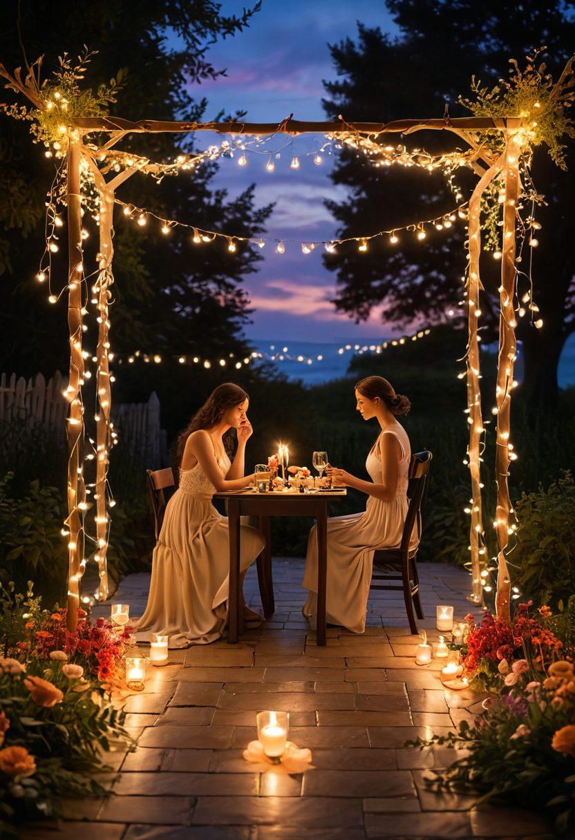 A cozy dinner setup under twinkling fairy lights, with a beautifully set table featuring candles, flowers, and a couple holding hands, surrounded by soft heart-shaped petals scattered on the ground. A gentle sunset casts a warm glow over the scene, symbolizing romance and connection. whimsical illustration. vibrant colors. soft focus.