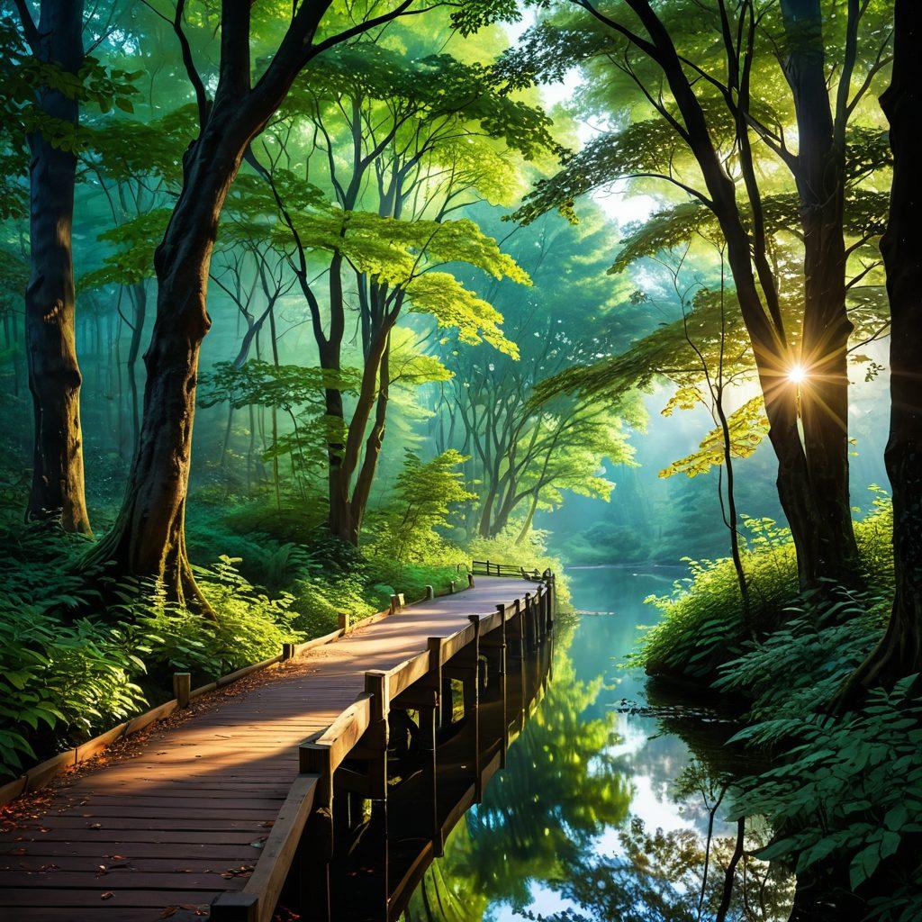 A serene pathway winding through a lush forest, dappled sunlight filtering through the leaves, symbolizing deep emotional connections. Alongside, ethereal figures representing friendship and love intertwine with each other, conveying warmth and understanding. The atmosphere should evoke tranquility and depth, encouraging reflection. super-realistic. vibrant colors. soft focus.
